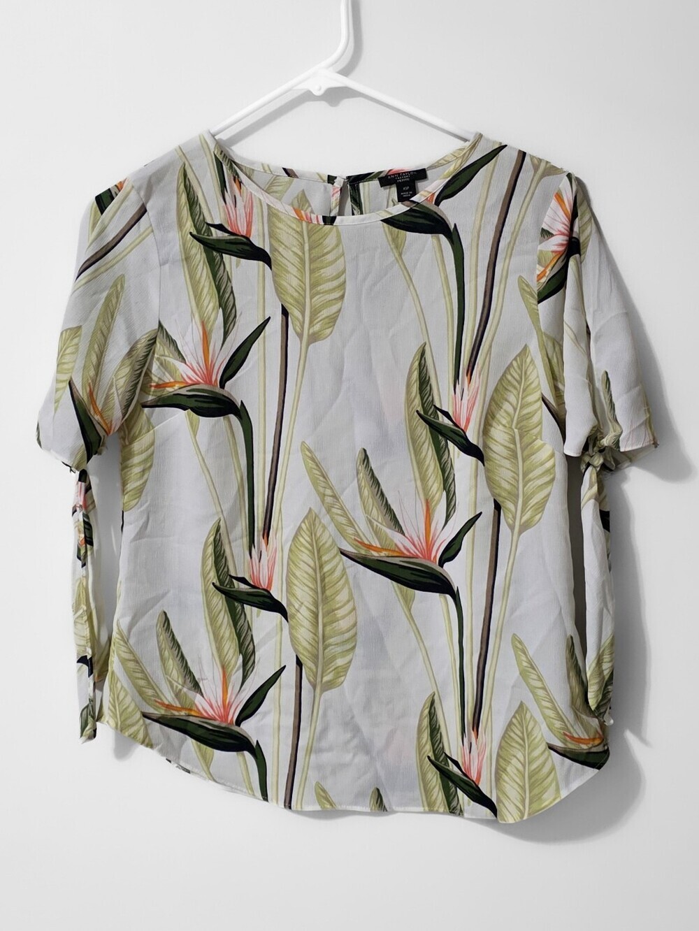 Ann Taylor Tropical Leaf Print Short Sleeve Top - White/Green Size XSP